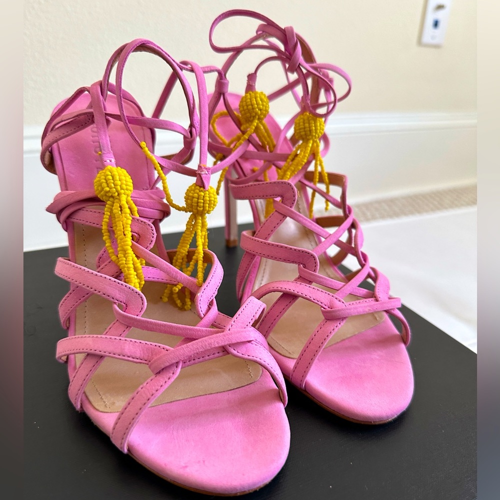 NWT Shultz Pink Suede Strappy Sandals with Yellow Beaded Tassels - Picture 1 of 7